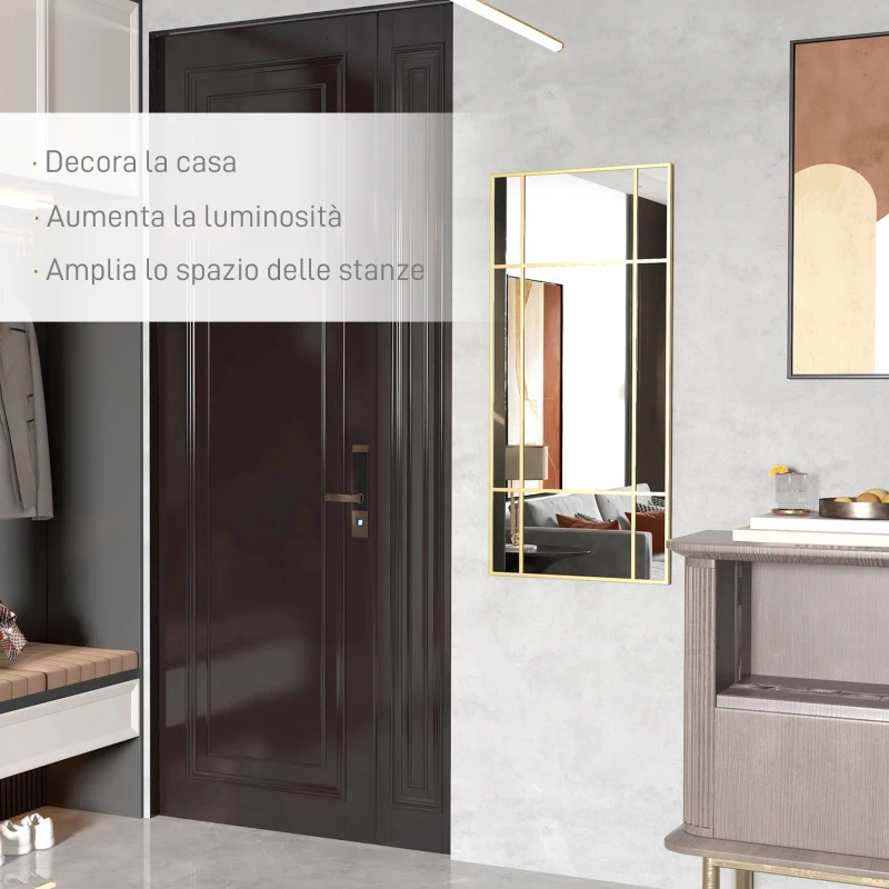 HOMCOM Specchio da Parete Stile Finestra con Montaggio Verticale e Orizzontale, 110x50cm, Oro