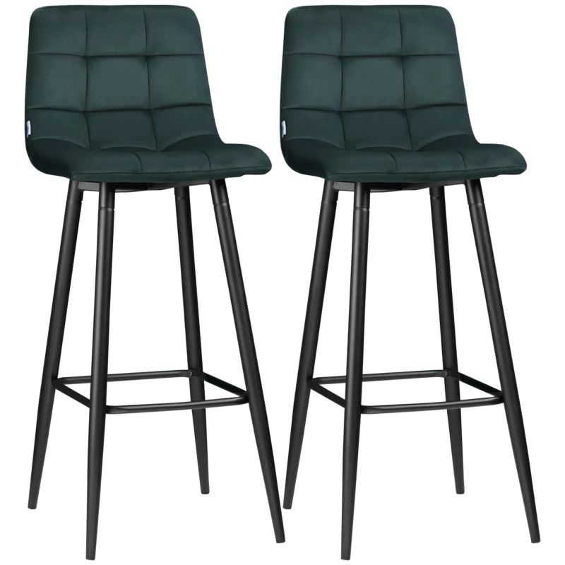 HOMCOM Set di 2 sgabelli da bar design superficie in velluto trapuntato e gambe in acciaio altezza 77 cm verde scuro