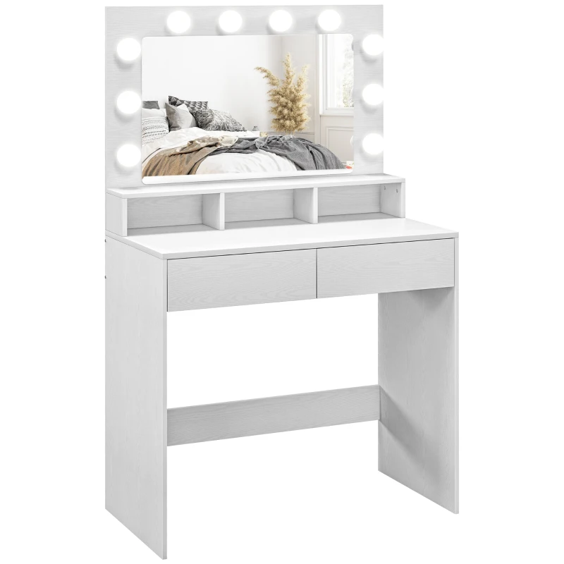 HOMCOM Table de maquillage avec miroir éclairé, tiroirs, 3 options d'éclairage, 10 ampoules, coiffeuse moderne en Blanc
