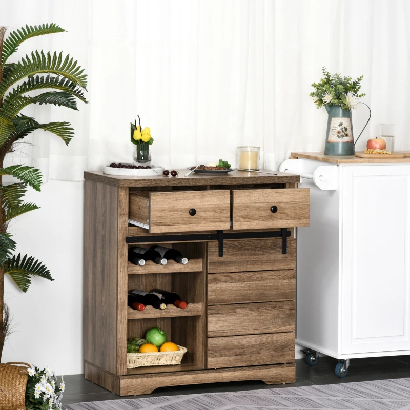 HOMCOM Buffet avec 2 Tiroirs, Étagères Ouvertes et Porte-Bouteilles, Buffet de Cuisine Rustique en Bois et Métal, 80x39x86 cm, Bois naturel