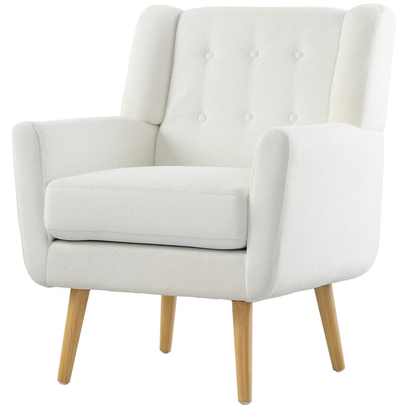 HOMCOM Sillón con Reposabrazos Sillón Butaca Sillón Tapizado Patas de Madera Estilo de Estampado de Botones Blanco