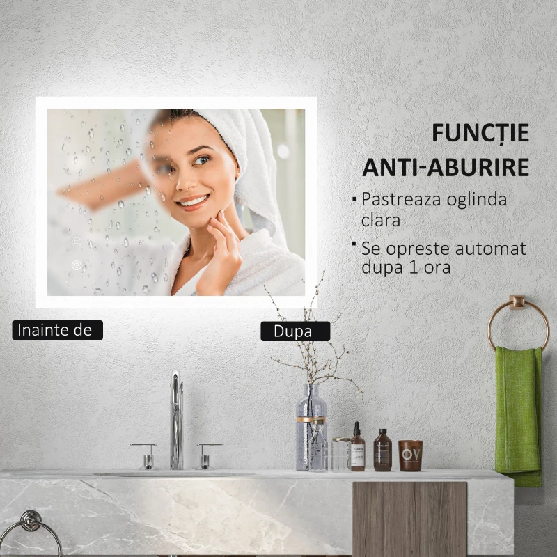 Kleankin Oglinda de Baie cu Lumina LED, Luminozitate Reglabila si Functie de Memorie, 70x50x3 cm, Transparent