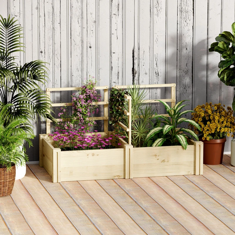 Outsunny Jardinière avec 3 Treillis et 2 Pots en Bois de Sapin avec Fond Ouvert, 119x62.5x64 cm, couleur Bois