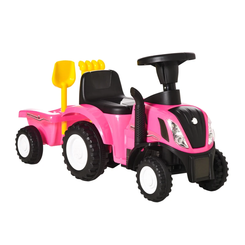 HOMCOM Rutschtraktor für Kinder mit Anhänger, Rechen und Schaufel, Pädagogisches Spielzeug für Kinder von 12-36 Monaten, 91x29x44cm, Rosa