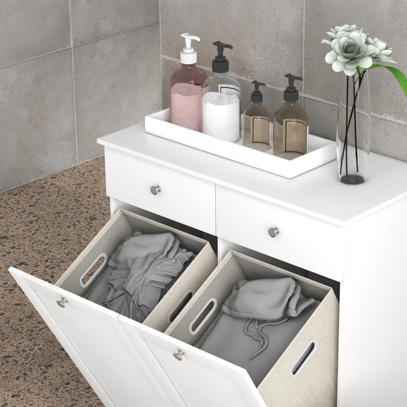 HOMCOM Mobile da bagno, mobile portaoggetti, con cesti per il bucato pieghevoli 2 cassetti, 78L x 40l x 90,5H cm, bianco