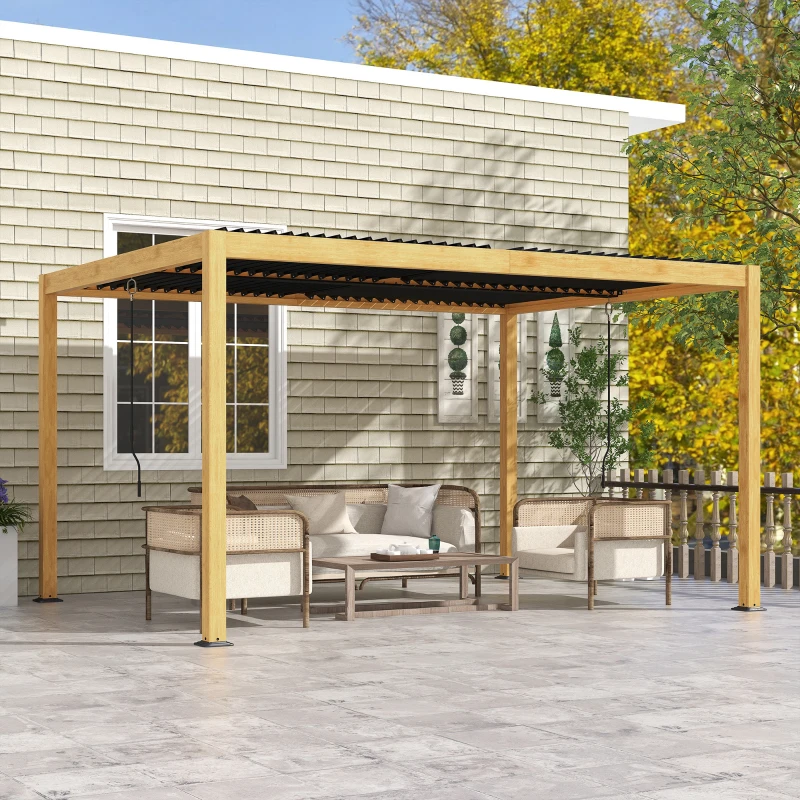 Outsunny Pérgola 3x4 m bioclimática cenador con lamas orientables manivela, estilo contemporáneo, aluminio - Negro y Natural