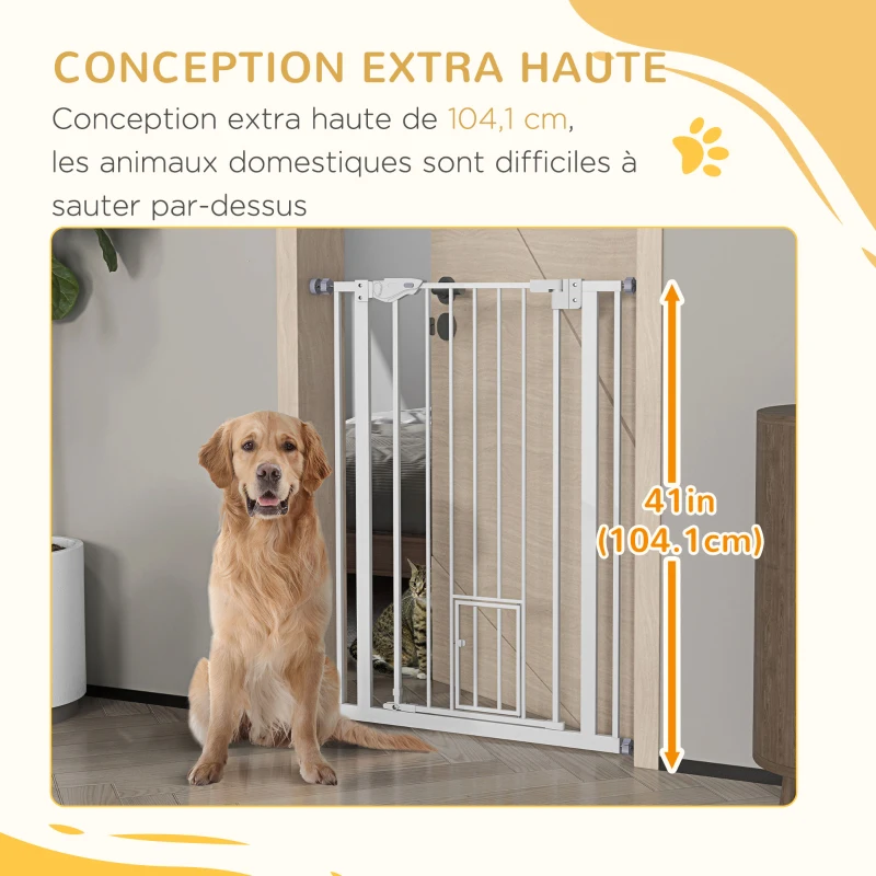 PawHut Barrera de seguridad para mascotas de 104 cm con puerta de cierre automático sistema de doble bloqueo sin perforación
