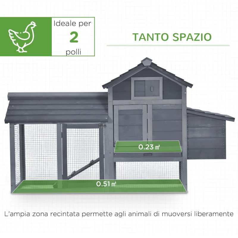 PawHut Pollaio Prefabbricato in Legno per 2 Galline con Recinzione e Nido per Cova, 150.5x54x87cm