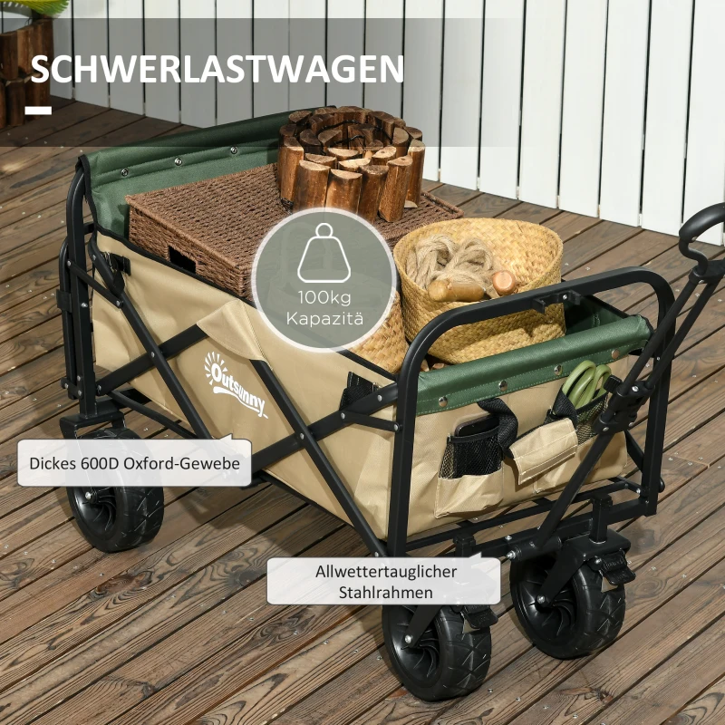 Outsunny Chariot pliant, 110 L, jusqu'à 100 kg, poignée télescopique, cadre en acier, 94 x 57 x 77-100 cm, Kaki