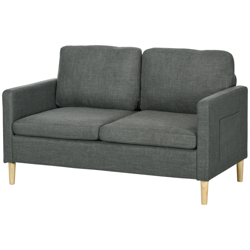 HOMCOM Sofá de 2 plazas estilo contemporáneo bolsillos en los reposabrazos patas de madera revestimiento tela aspecto lino - Gris