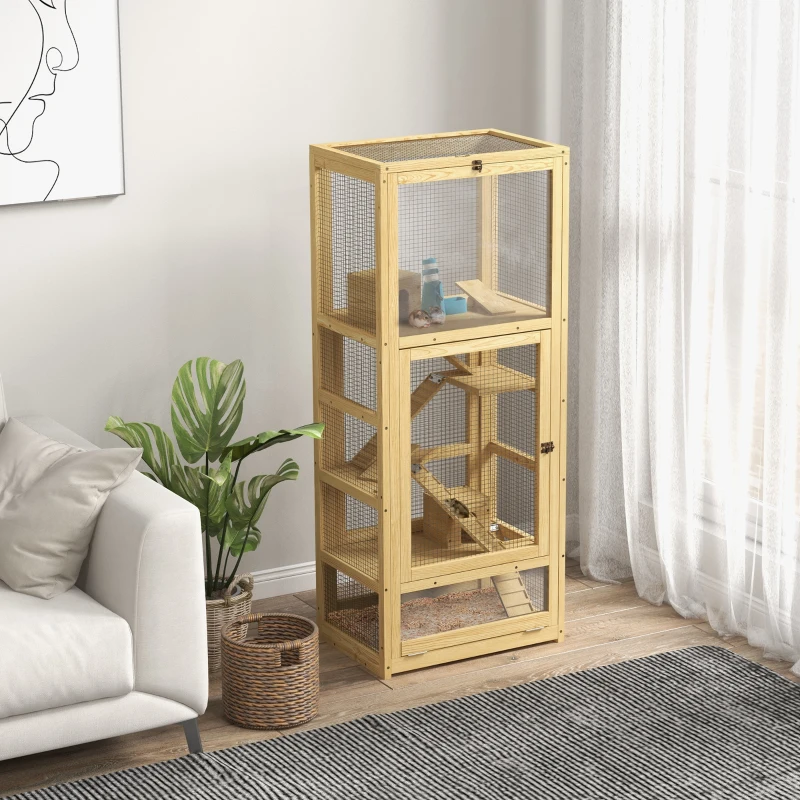 PawHut Jaula para hámsters o pequeños animales de madera 5 niveles con escalera cabaña columpio 54x38x131 cm natural