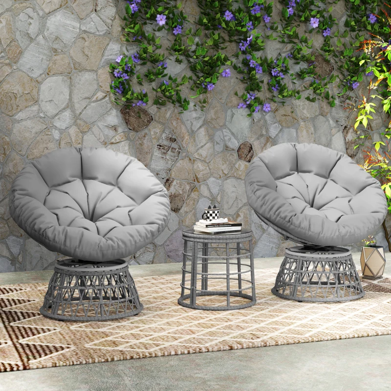 Outsunny Conjunto salon de jardín 3 piezas con 2 sillones papasan giratorios y 1 mesa baja redonda poliéster ratán