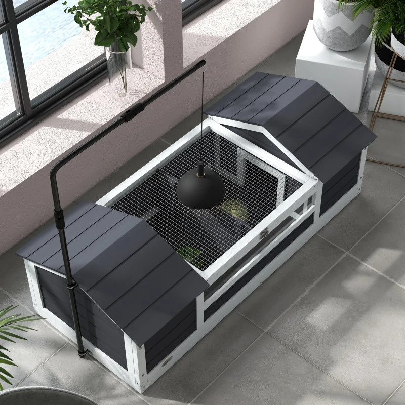 PawHut Casa tortuga terrestre exterior recinto tortuga 2 escondites soporte de lámpara ajustable madera maciza 120x56,5x43 cm Gris