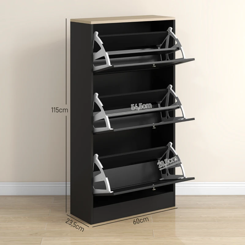 HOMCOM Schuhschrank im skandinavischen Stil 3 klappbare Türen für 18 Paar Schuhe 60 x 23,5 x 115 cm Schwarz in Holzoptik