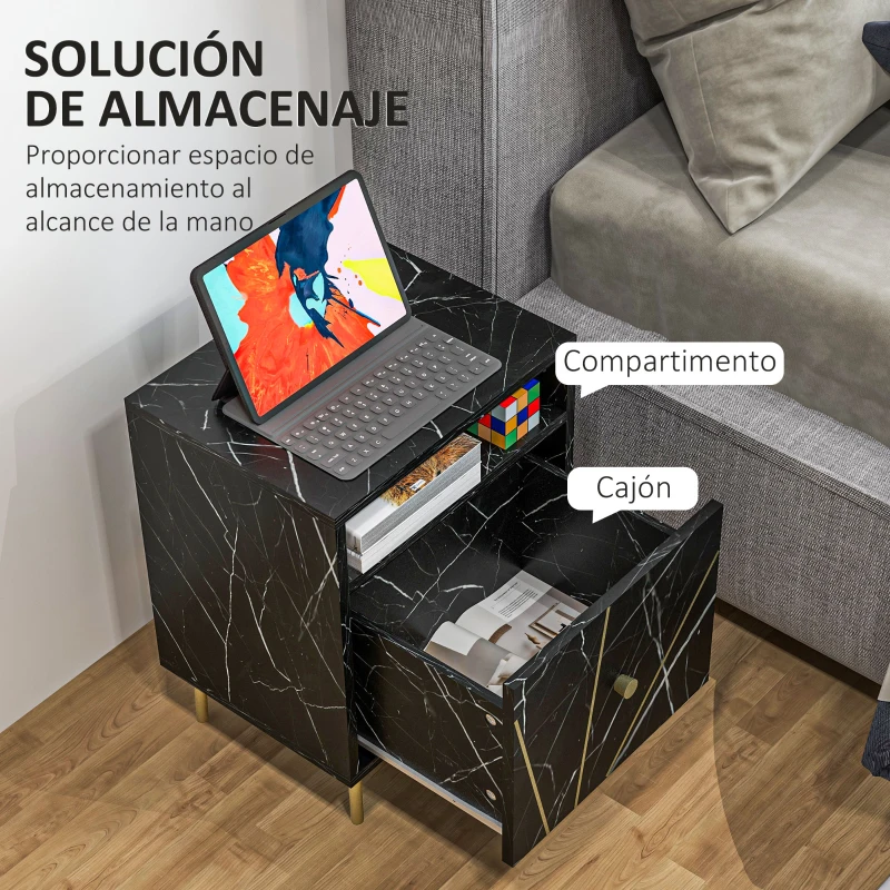 HOMCOM Mesilla de Noche con Efecto Mármol Compartimiento Abierto y Cajón Mesa de Noche para Dormitorio 39x30x50 cm Negro