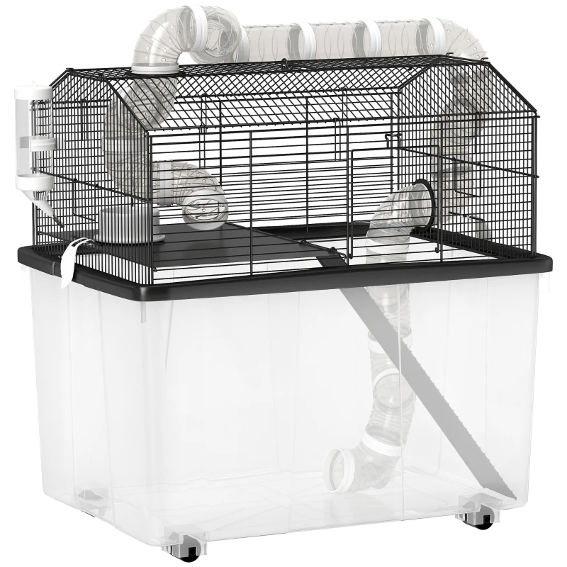 PawHut Cușcă pentru Hamsteri cu 2 Niveluri, Bază Adâncă, Roți, Tuburi, Bol, Sticlă de Apă și Rampă, 58x43x57 cm, Negru