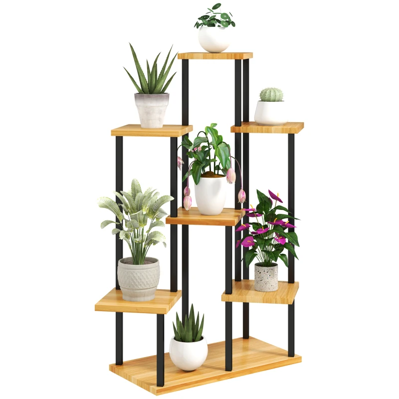 Outsunny Soporte de plantas de 7 niveles para interior y exterior, estantería de plantas de acero y madera, Madera Natural
