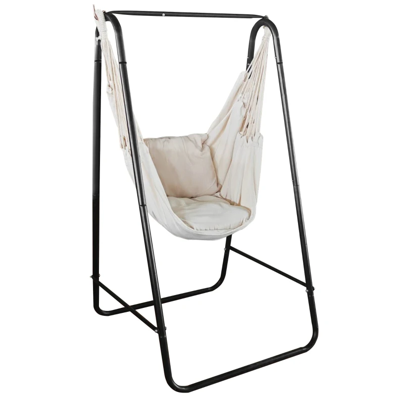 Outsunny Silla hamaca de jardín con soporte, silla colgante con cojín, apoyabrazos, ganchos, Blanco Crema