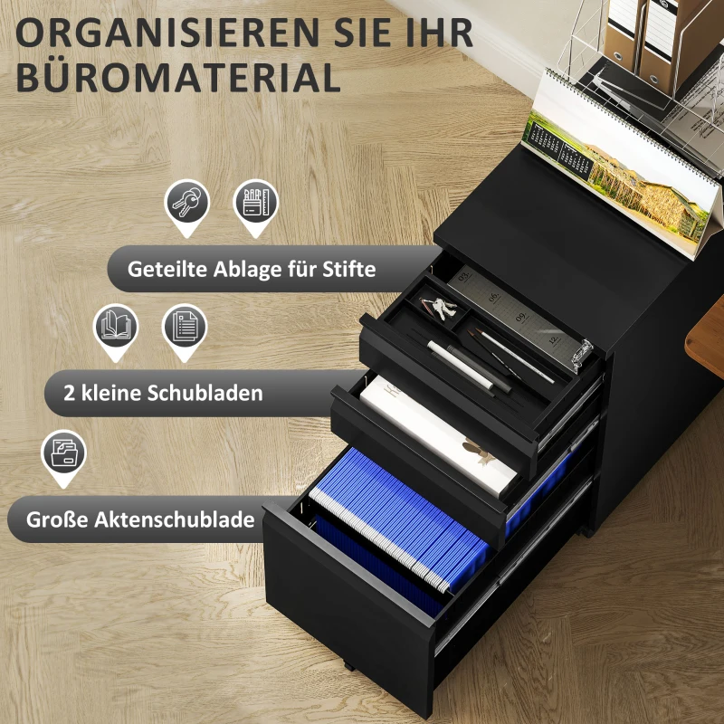 Vinsetto Aktenschrank aus Metall, Büroschrank, 3 Schubladen, rollbar, Schwarz