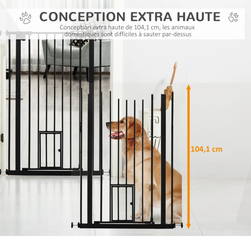 PawHut Barrera de Seguridad para Mascotas de 104 cm con Puerta Cierre Automático Sistema de Doble Bloqueo sin Perforación de 74 a 80 cm