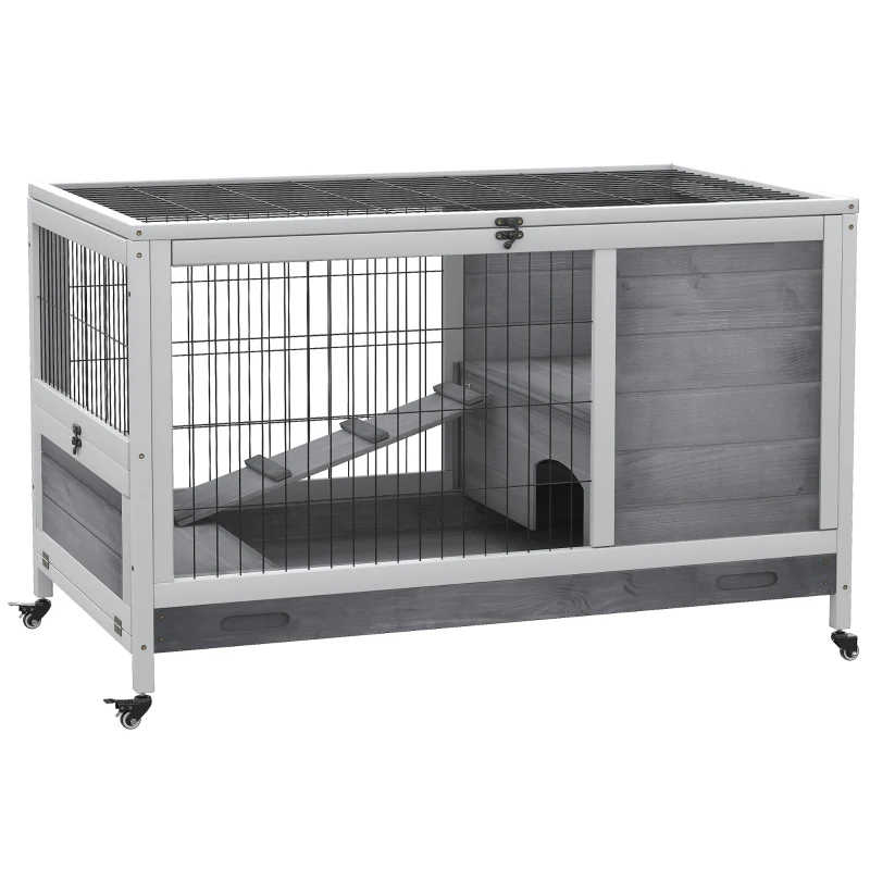 PawHut Cage en Bois pour Lapins avec 4 Roues, Maison et Rampe, 90x53x59cm, Gris