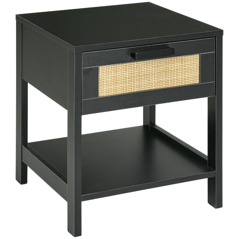 HOMCOM Nachttisch Beistelltisch mit Schublade und Regal, Rattanfront, Maße 40L x 40B x 48H cm Schwarz