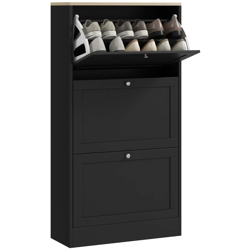 HOMCOM Schuhschrank im skandinavischen Stil 3 klappbare Türen für 18 Paar Schuhe 60 x 23,5 x 115 cm Schwarz in Holzoptik