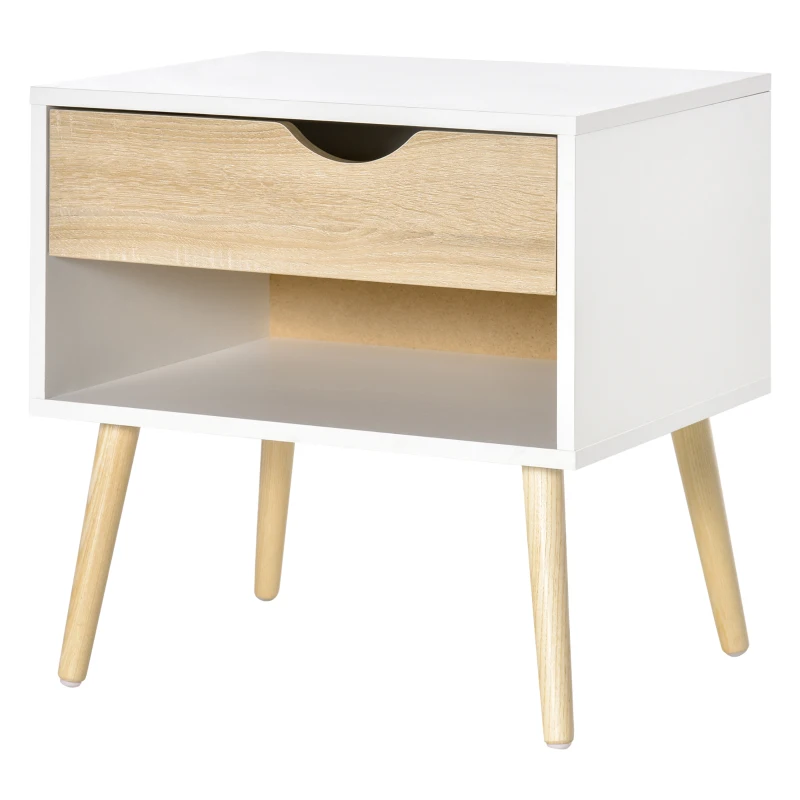 HOMCOM Comodino, Tavolino da Notte, con Cassetto, Design Moderno, Gambe in Legno Massiccio, 50 x 39 x 51 cm, Bianco e Legno Naturale