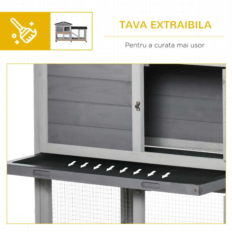 PawHut Cușcă pentru Iepuri cu 2 Niveluri, 6 Roți, Tavă Detașabilă, Rampă și Plasă Metalică, 157.4x53x99.5 cm, Gri