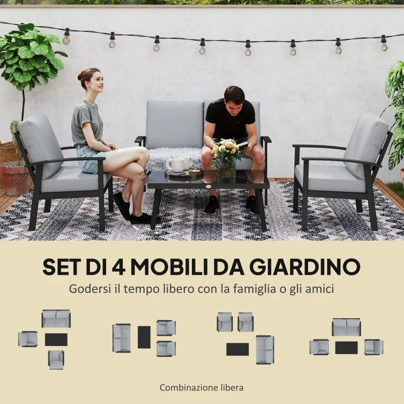 Outsunny Set da Giardino 4 Pezzi con 2 Poltroncine, Divano 2 Posti e Tavolino, in Alluminio e Fibra, Grigio Carbone
