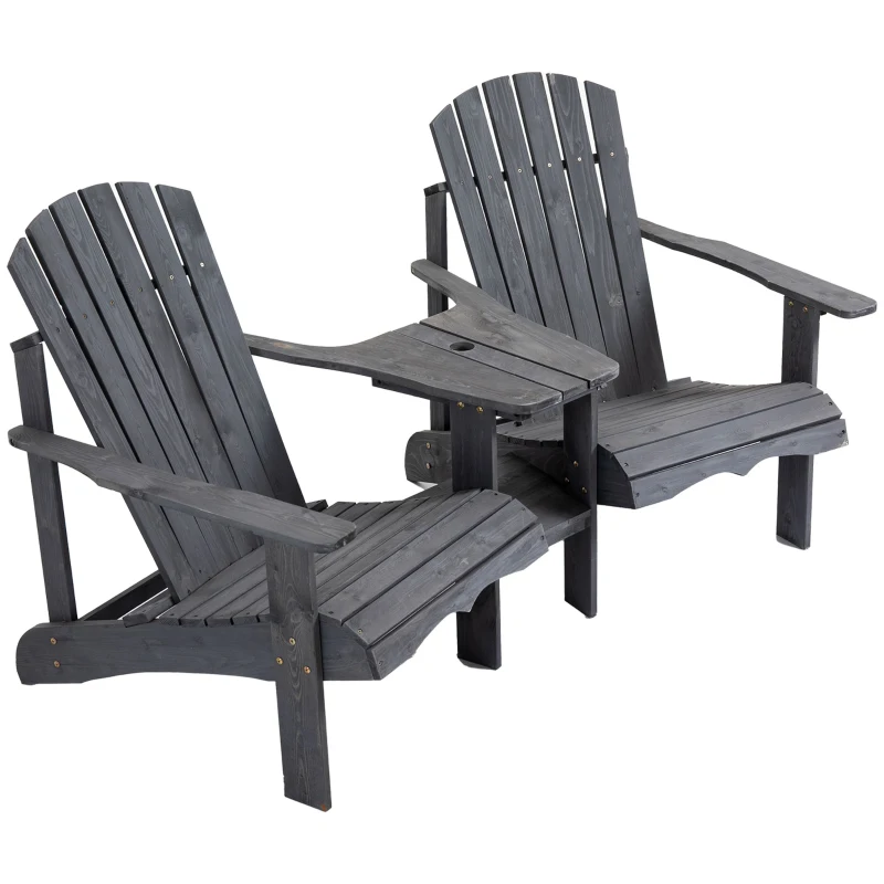 Outsunny Set di 2 Sedie da Giardino con Tavolo e Foro per Ombrellone, in Legno Massello, 170 x 87 x 92 cm, Grigio scuro