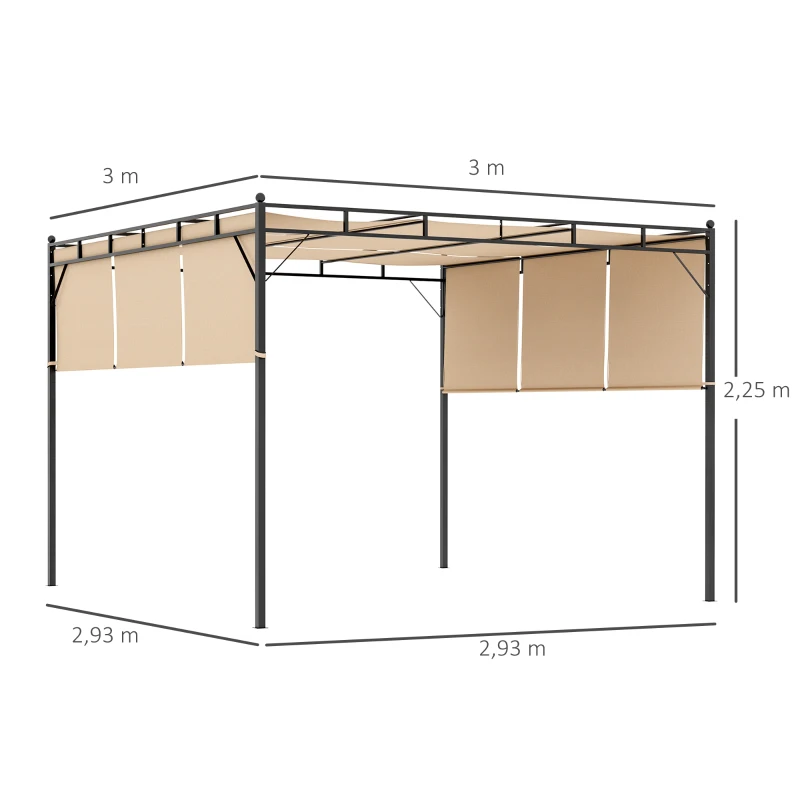 Outsunny Pérgola con 3 toldos retráctiles 3x3x2,25 m estructura acero - Beige y Negro