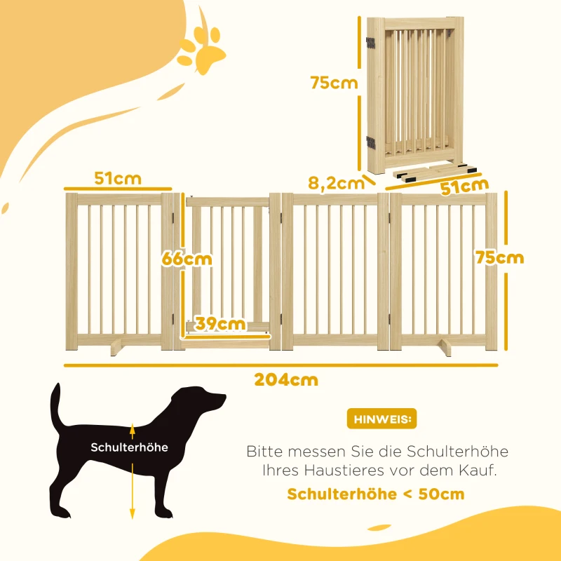 PawHut Barrera para Perros Independiente, 4 Paneles, Flexible, Madera de Pino, 204x36x75 cm, Madera Natural