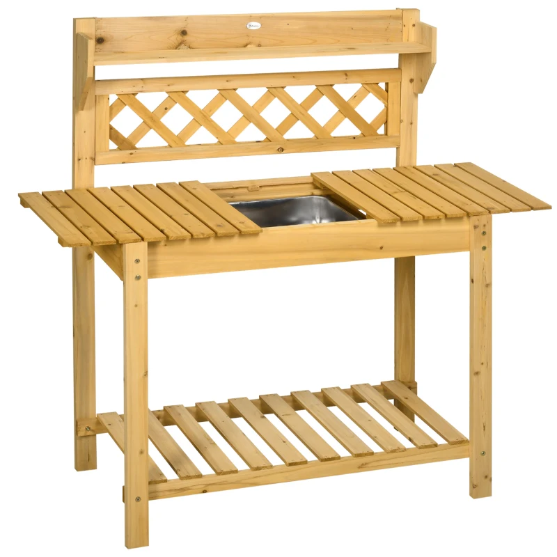 Outsunny Tavola da trapianto con ripiani scorrevoli lavandino 2 ripiani legno di abete 92 x 45 x 120 cm