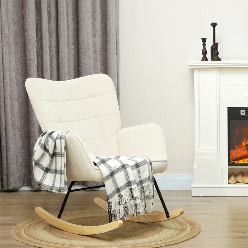 HOMCOM Poltrona Dondolo, Imbottitura Spessa, Schienale Largo, Legno di Faggio, Telaio in Acciaio, fino a 120 kg, Beige