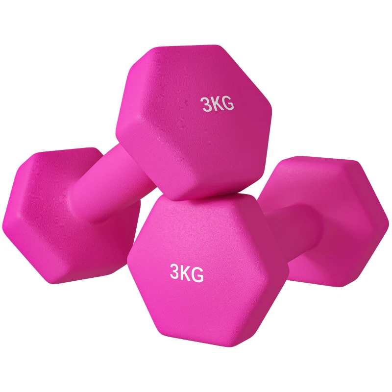 SPORTNOW Juego de 2 mancuernas hexagonales con agarre antideslizante para entrenamiento en casa, 2x3 kg, Rosa