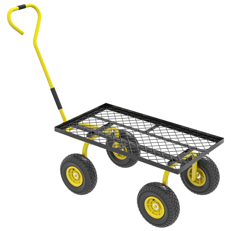 Outsunny Carrello da Giardino Rimorchio a Mano Carretto a Braccio 4 Ruote, 94 x 48,5 x 100 cm Carico max, 150 Kg Metallo Giallo