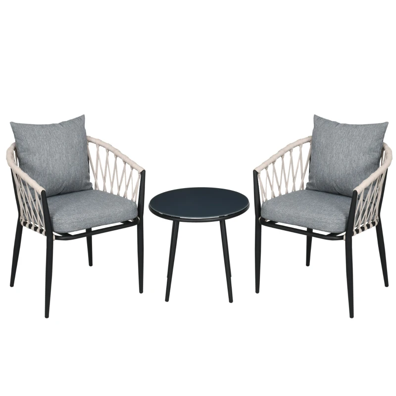 Outsunny Set da Giardino 2 Persone da 3 Pezzi, 2 Poltrone con Cuscini, Tavolino Rotondo con Piano in Vetro Temperato, Corda Intrecciata, Grigio