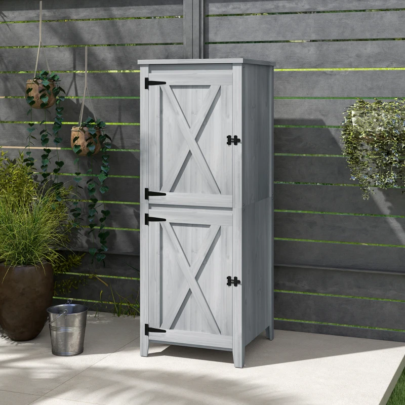 Outsunny Armario de madera compacto para herramientas de jardín, armario de jardín con puertas con cerradura, gris claro