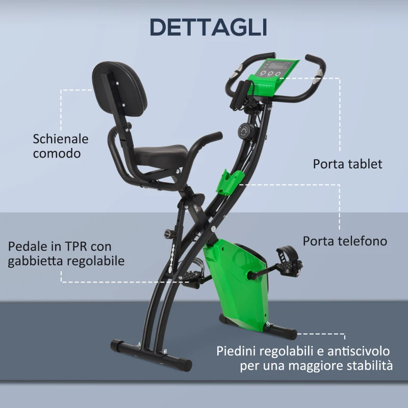 HOMCOM Bicicleta estática plegable, respaldo sillín ajustable asas ergonómicas Verde Negro