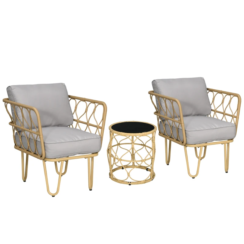 Outsunny Set da Giardino in Rattan da 3 Pezzi con 2 Poltrone e 1 Tavolino Rotondo, Cuscini Inclusi, Kaki