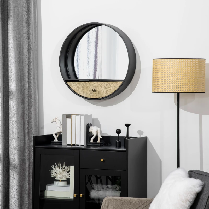 HOMCOM Miroir Mural Rond de Ø61cm avec Tiroir et Cadre en Métal Noir