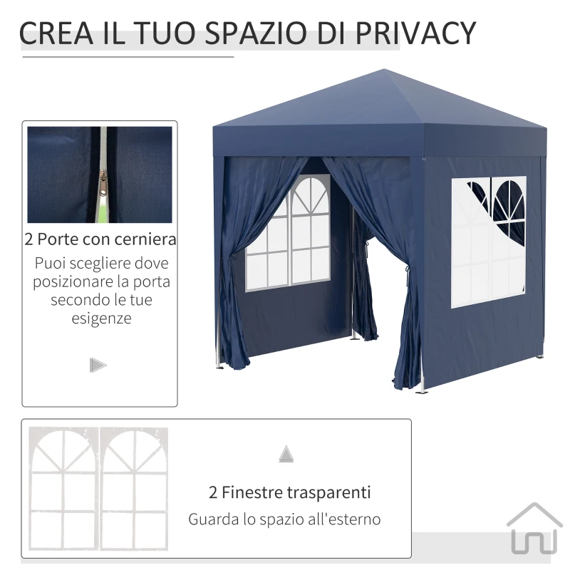 Outsunny Gazebo Pieghevole Pop Up 2x2 m con 4 Pareti Rimovibili in Poliestere e Acciaio, Blu