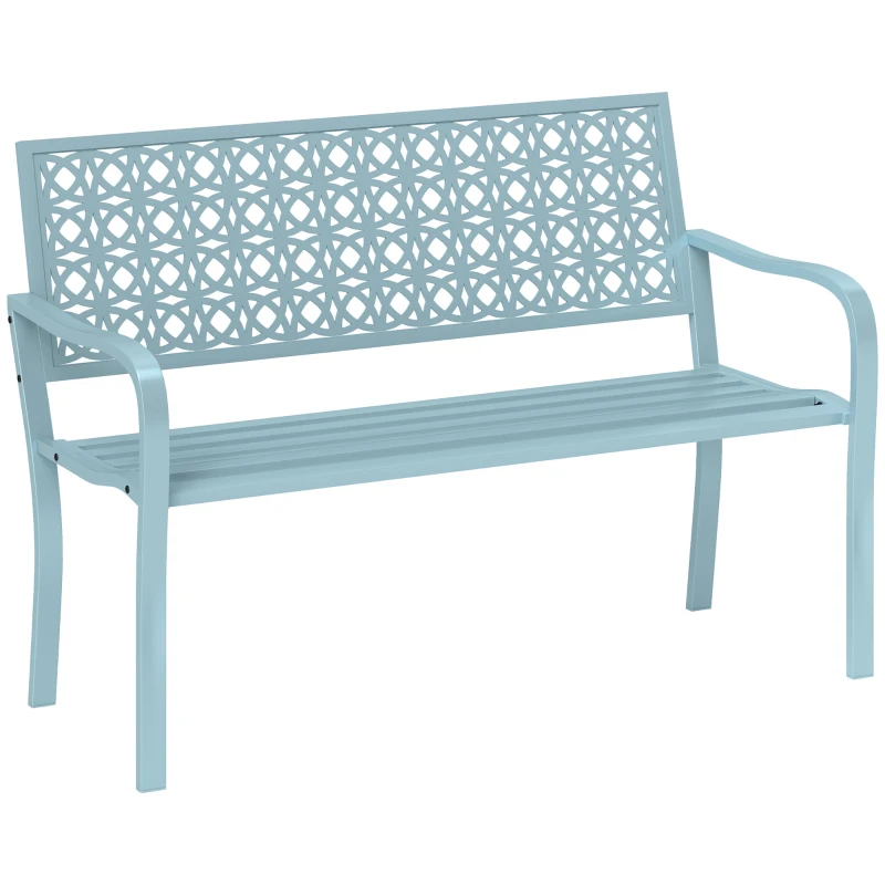 Outsunny Panca da Giardino in Acciaio, Schienale Lavorato, Braccioli, per 2 Persone, Blu