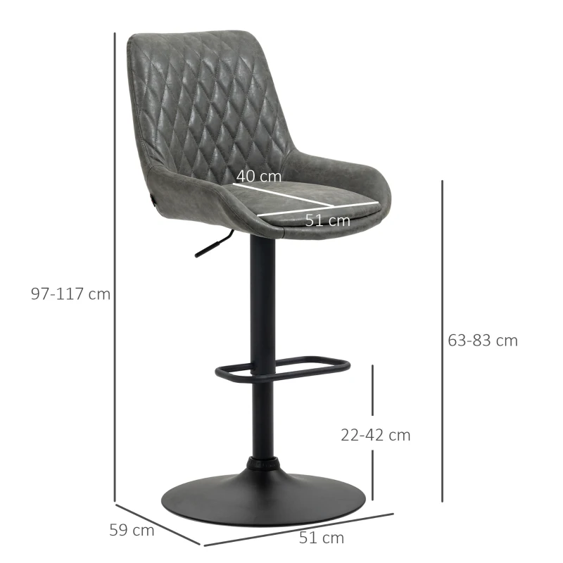 HOMCOM Tabouret de Bar Tabouret de Cuisine Design, Réglable en Hauteur, avec Repose-pieds, 51 cm x 59 cm x 117 cm, Gris foncé + Noir