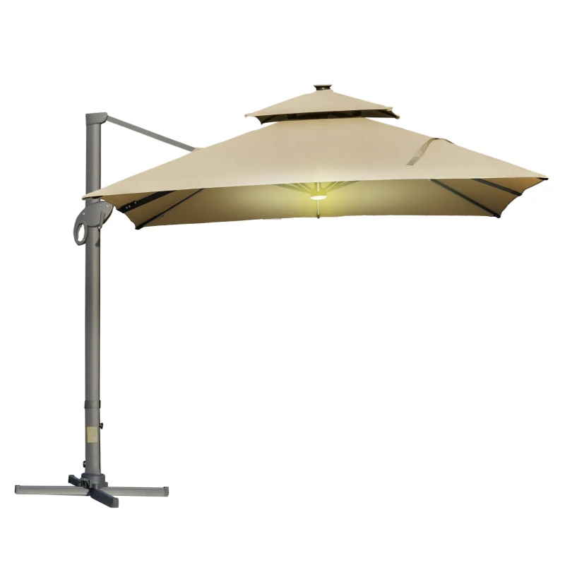 Outsunny Ombrellone Spostabile LED Quadrato a Doppio Tetto Inclinabile e Girevole a 360° con Manovella e Base in Acciaio, Dim, 3 L x 3 L x 2,66 H M, Beige