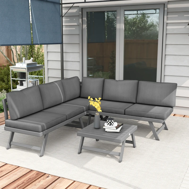 Outsunny Set da Giardino ad Angolo e Convertibile, 4 Pezzi con 2 Divani, 1 Poltrona d'Angolo e 1 Tavolino, Grigio