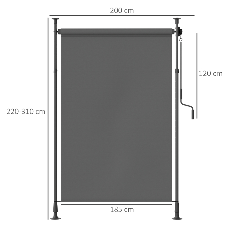 Outsunny Manueller ausziehbarer Standstore einstellbare Länge Kurbel Installation ohne Bohren Metall Alu. Polyester Dunkelgrau