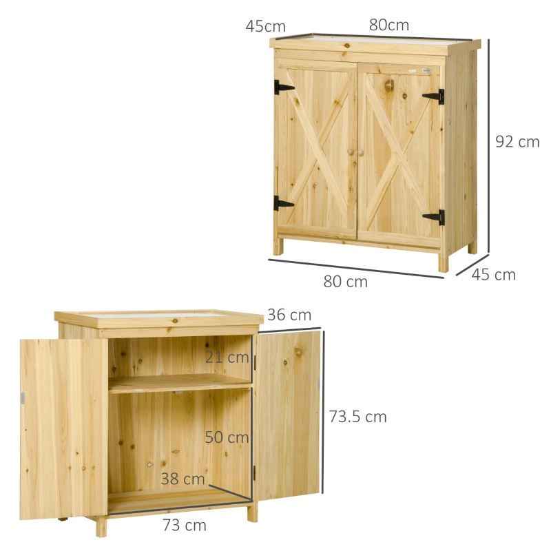 Outsunny Armario de Jardín, Armario de Almacenamiento de Jardín, Bandeja de Metal Galvanizado, Madera Maciza 80x45x92 cm Madera Natural