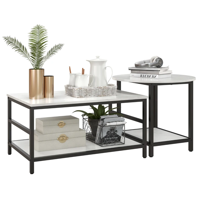 HOMCOM Ensemble de 2 Tables Basses à 2 Niveaux en Aggloméré et Acier avec Plateau Effet Marbre, Blanc et Noir